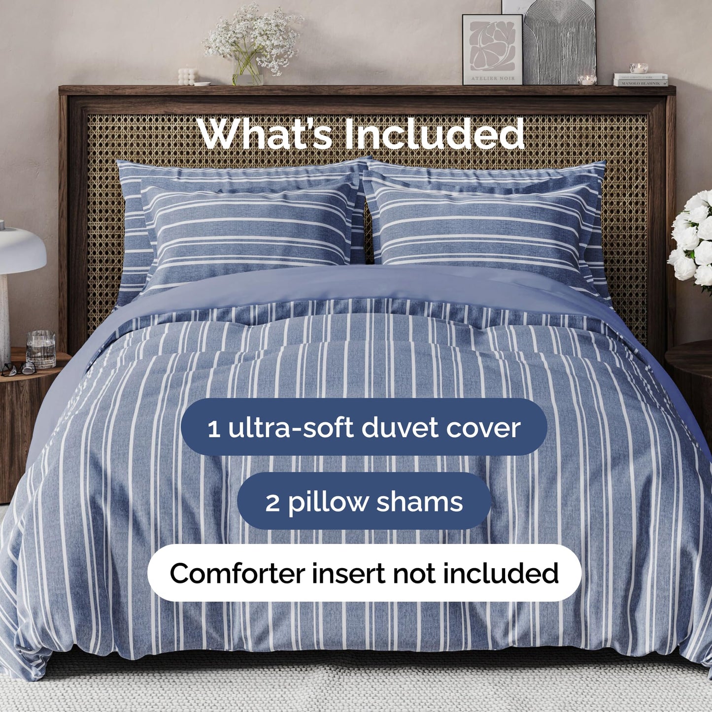 Duvet Cover Queen Size Set - Extra Soft Queen Duvet Cover 90" x 90" with 2 Pillow Shams - Hotel Luxury, Easy Care & Fade Free with Zipper Closures & Ties - Comfy, Cozy and Breathable (Blue Stripes)