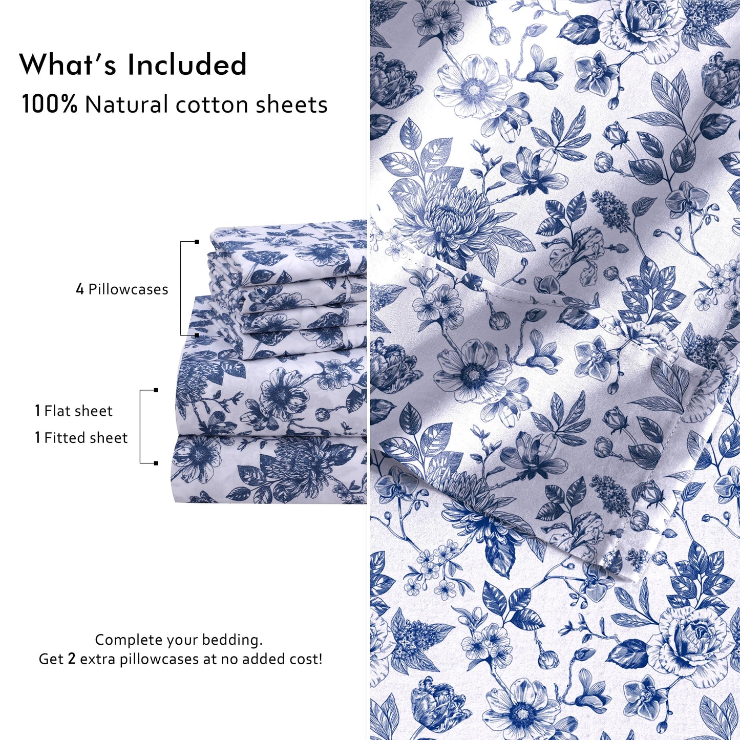 RUVANTI 6 Pcs Cotton Sheets - 100% Natural Cotton Soft, Lightweight & Breathable Crispy Percale Bed Sheets, Queen Sheet Set 16" Deep Pockets, Wild Flower