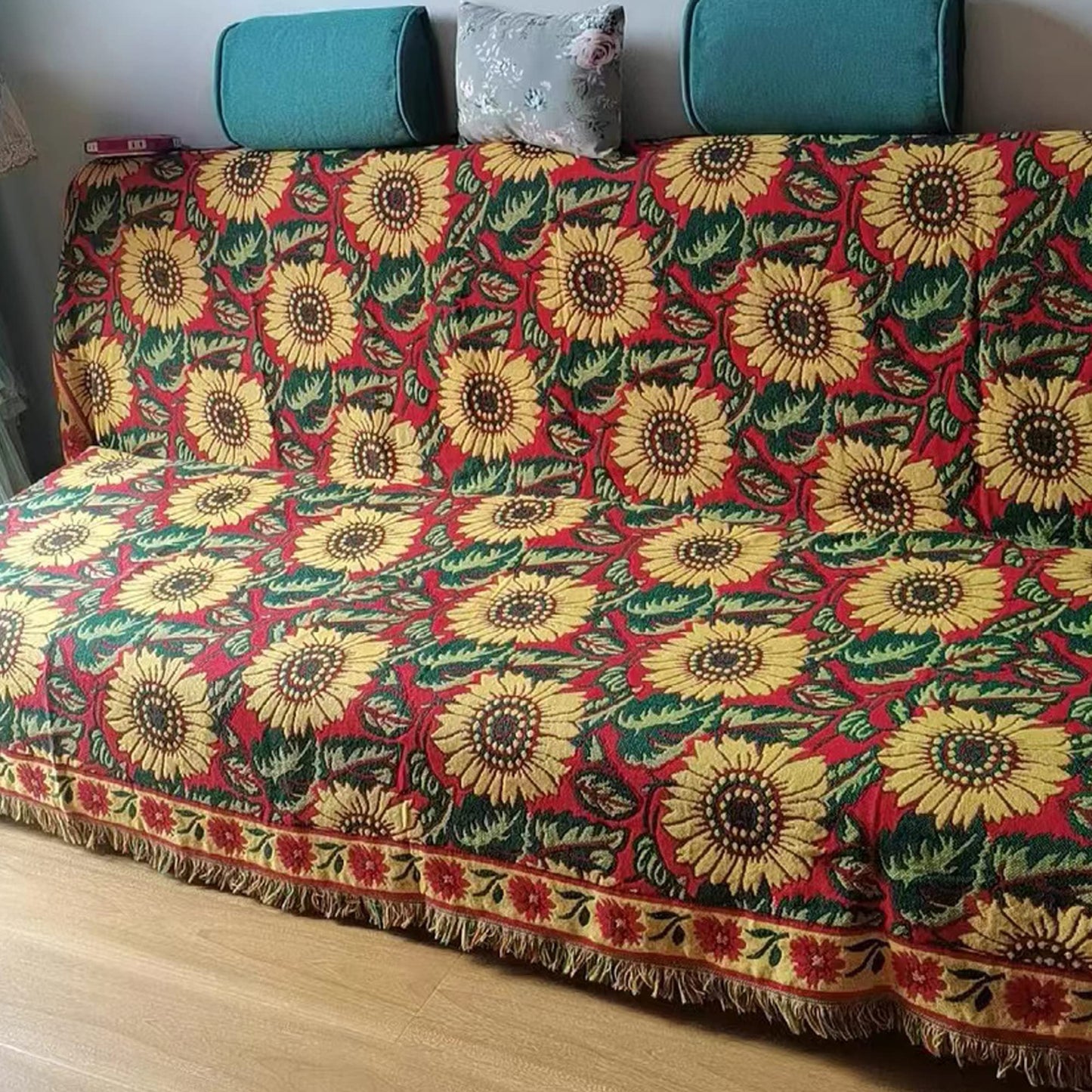JIABOLANG Red Sunflower Throw Blanket with Fringe Boho Throw Blankets Recliner Chair Couch Sofa Cover Woven Reversible Cotton Bohemian Tapestry Hippie Room Home Decor Double Side 50"x70"