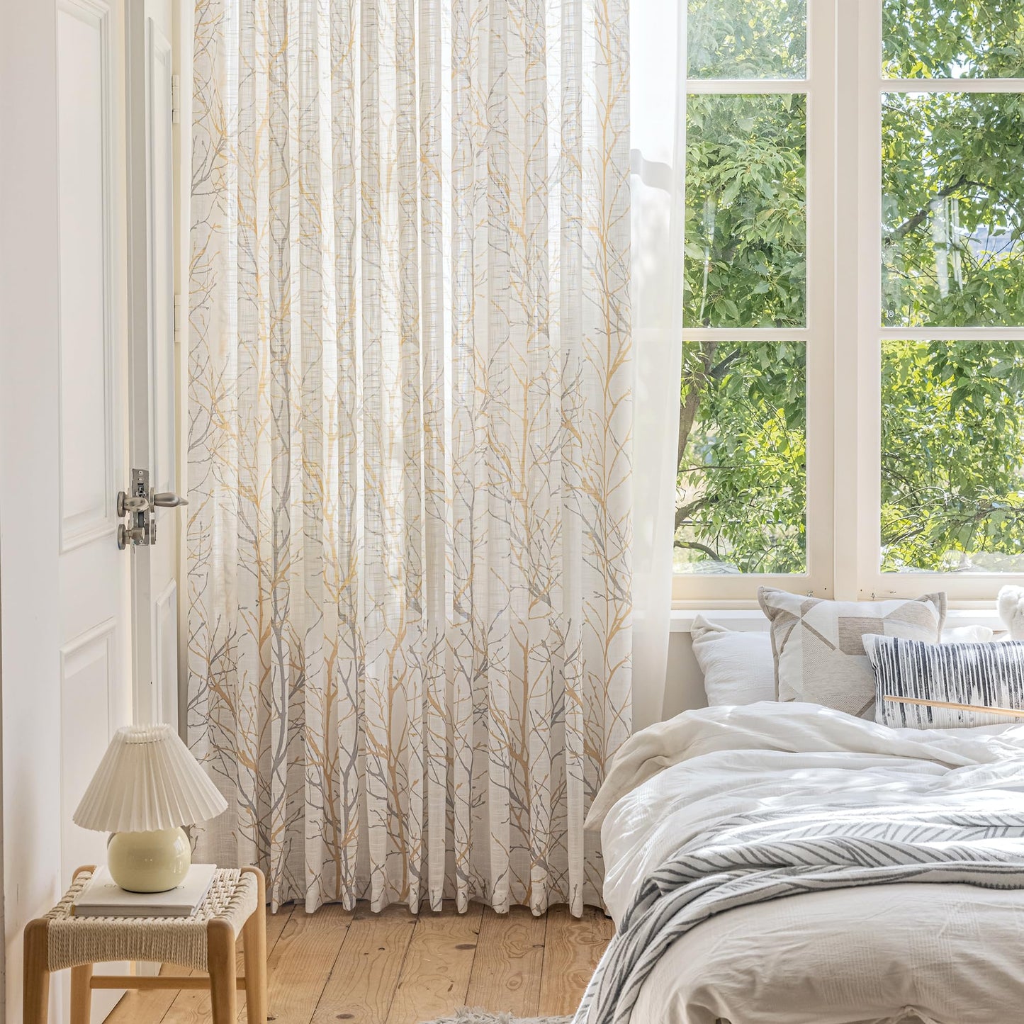 FMFUNCTEX Linen Semi Sheer Curtains for Bedroom, Yellow White Curtains 84 Inches Long for Living Room, Grey Tree Branch Print Curtain Light Filtering Farmhouse Window Drapes, Grommet Top 2 Panels