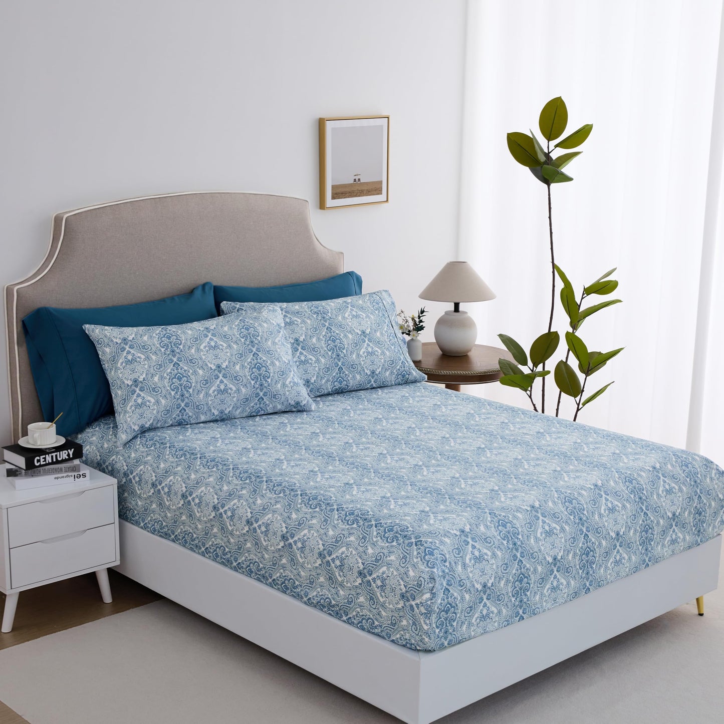 Spirit Linen home 6-Piece Queen Size Bed Sheet Set - Deep Pocket, Paisley Pattern, Soft and Breathable Bed Sheets, Microfiber Material, Includes 1 Fitted, 1 Flat, 4 Pillowcases - Cornett Blue Paisley