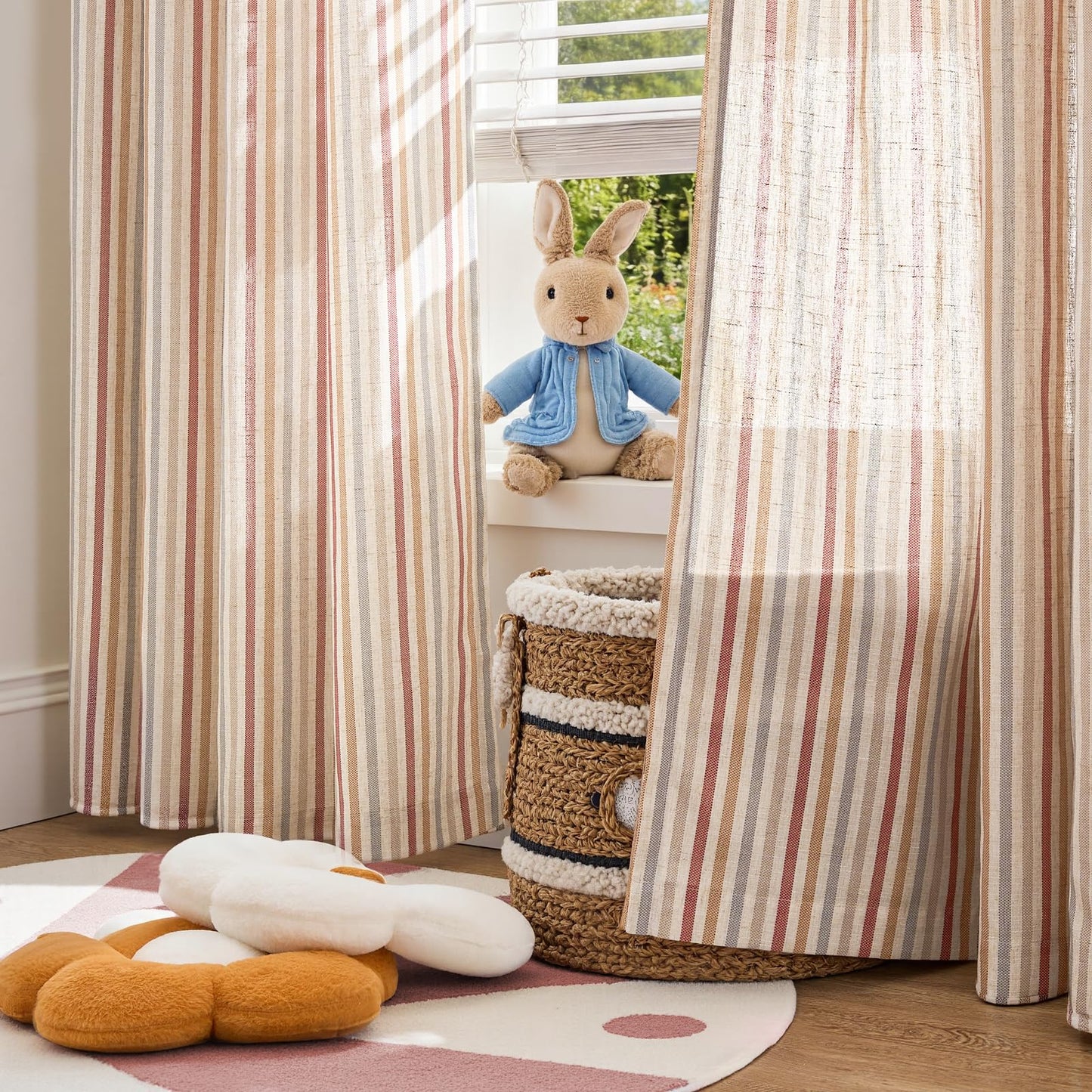 jinchan Linen Curtains for Nursery Bedroom 84 Inch Long Multi Red on Beige Striped Curtains for Living Room Cute Ticking Stripe Farmhouse Baby Girl Kids Room Light Filtering Grommet Drapes 2 Panels