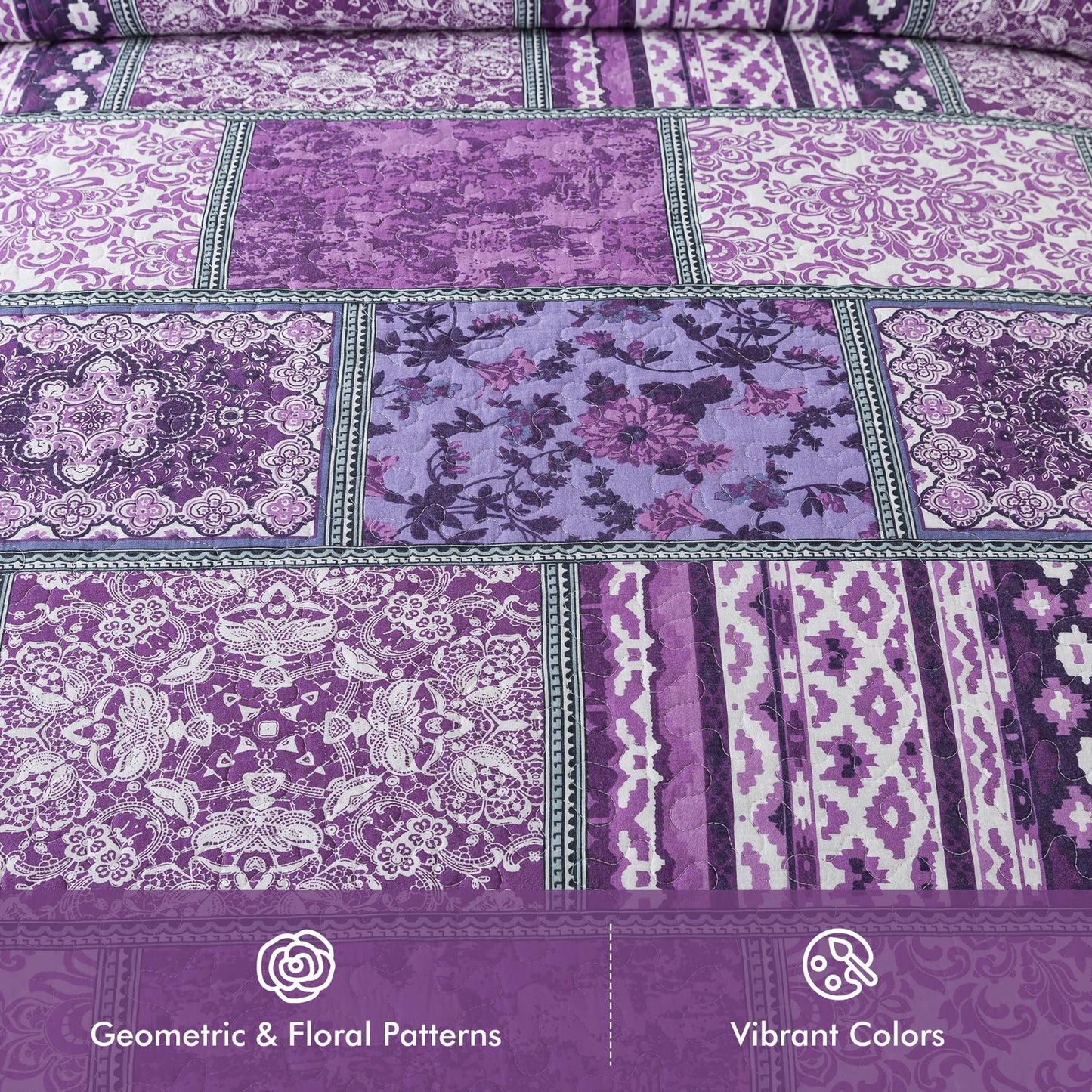 Etwel Cotton Patchwork Queen Size Quilt Set - Lightweight Breathable Reversible Bedspread for Hot Sleepers, Farmhouse Floral Bedding Set with 2 Pillow Shams for All Season (90"x98", Purple)