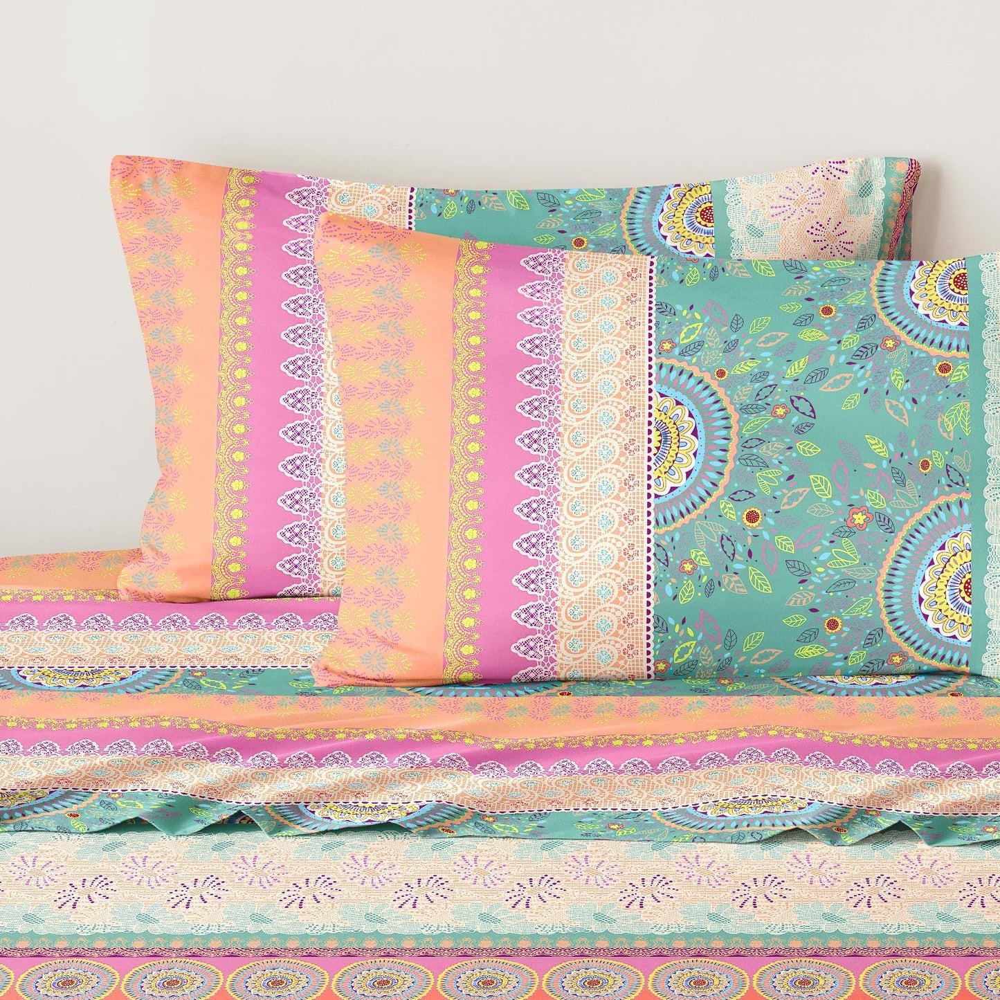 Wake In Cloud - Boho Bed Sheets, 4-Piece Sheet Set, Bohemian Chic Medallion Colorful Hippie Aesthetic Bedding, Deep Pocket, Orange Green, Queen Size