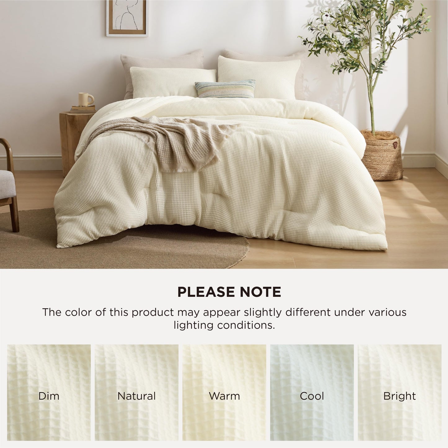 Bedsure Cream Queen Bedding Comforter Set, Waffle Breathable Bedding Set, All Season Comforter with 3 Pieces, 1 Waffle Weave Comforter (90"x90") and 2 Pillowcases (20"x26")