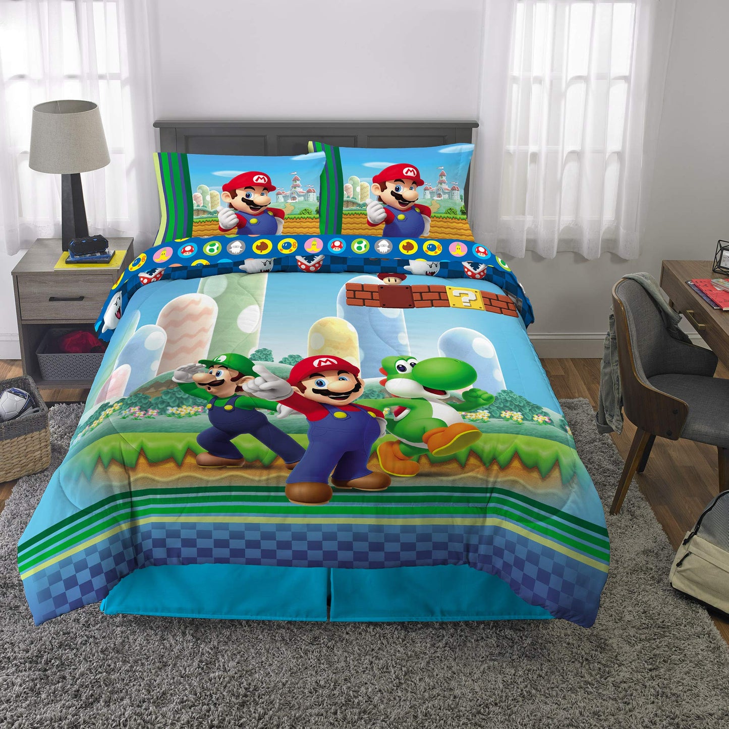 Super Mario Kids Full Size Bedding, 5 Piece Super Soft Cozy Reversible Comforter and Sheet Set, (Officially Licensed Product) By Franco