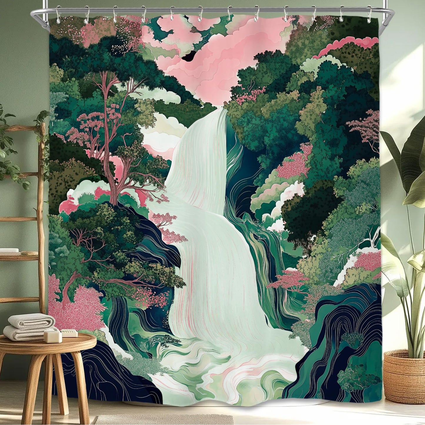 Miyotaa Abstract Waterfall Forest Shower Curtain Set 60Wx71H Inches Emerald Green Pink Japanese Aesthetic Landscape Scene Forest Tree Polyester Waterproof Bathroom Curtain with 12 Hooks