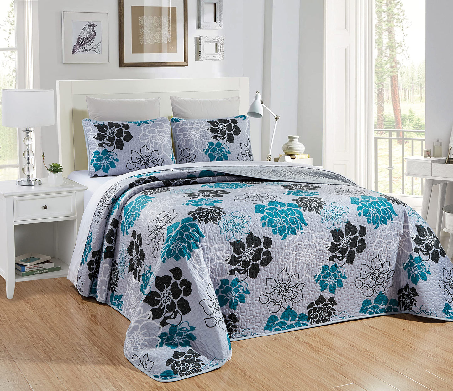 Masterplay 3-Piece Fine Printed Oversize (100inch X 95inch) Quilt Set, Bedspread Coverlet Queen Size Bed Cover (Grey with Black, Turquoise Blue Floral),Oversize Queen
