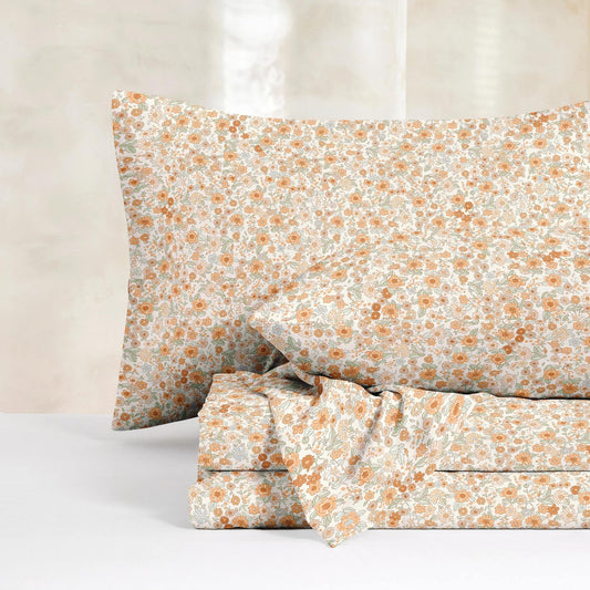 Wake In Cloud - Floral Bed Sheets, 4-Piece Sheet Set, Shabby Chic Flower Pattern Printed Country Coquette Cottage Aesthetic Bedding, Deep Pocket, Cream Orange, Queen Size