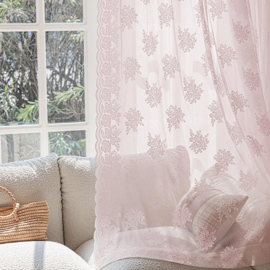 FAPLIGLISY Pink Lace Sheer Curtains for Girls Bedroom, Vintage Rose Floral French Patterned Sheer Curtain Drapes 63 Inch Length, Rod Pocket Light Filtering Window Curtains Panels, 57" x 63" 2 Panels