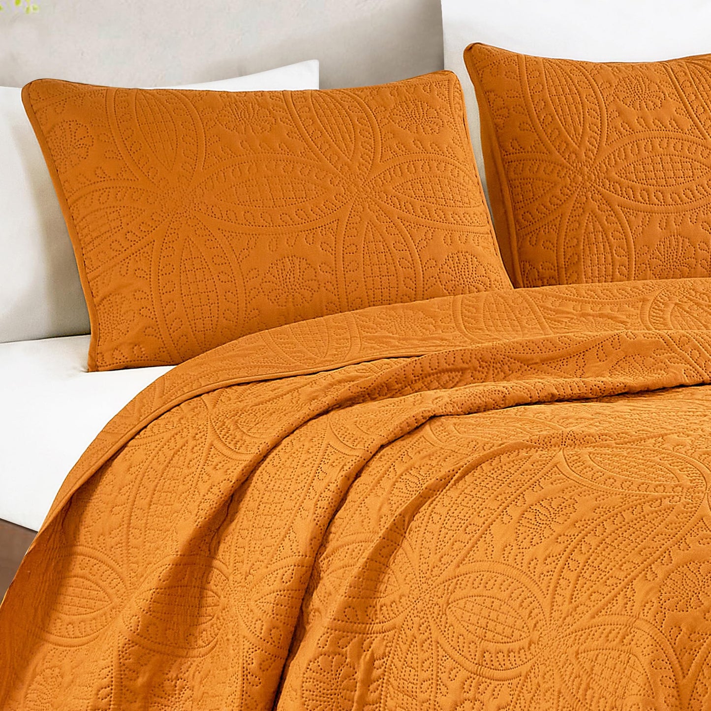 Chezmoi Collection Austin King Oversized Bedspread Set, 3-Piece Pinsonic Quilted Lightweight Microfiber Bedspread Coverlet, Orange
