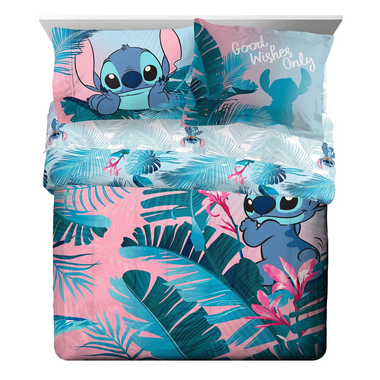 Jay Franco Disney Lilo & Stitch Floral Fun 7 Piece Queen Bed Set - Includes Reversible Comforter & Sheet Set Bedding - Super Soft Fade Resistant Microfiber - (Official Disney Product)