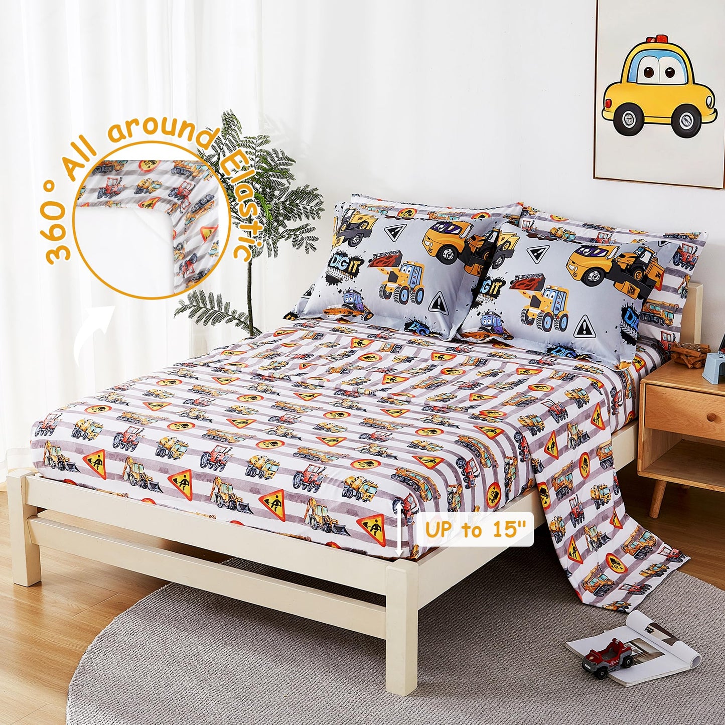 Mooreeke Kids Twin Comforter Sets for Boys 6 Pieces Heavy Duty Vehicle Bedding Set for Teens Microfiber Engineering Truck Kids Bed in A Bag with Comforter, Sheet Set, Shams and Decorative Toy Pillow
