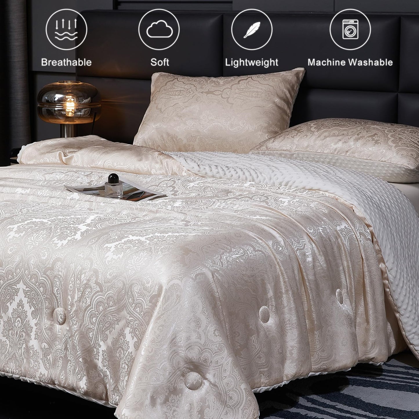tohrisa Jacquard Comforter Set - Luxury Warm Paisley Floral Pattern King Size Bedding with 2 Pillowcases All-Season Soft & Lightweight 3D Bubble Design Bed Set (104x90 Inches Rose Gold)