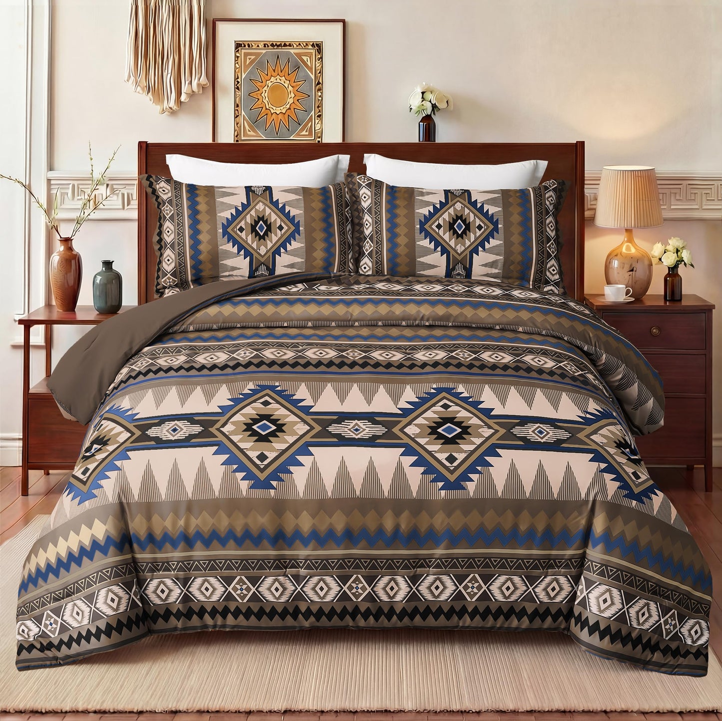 Tyrot Dark Brown King Size Comforter Set – 3 Piece Boho Aztec Western Bedding Sets, Soft Lightweight Comforter for All Seasons, Southwestern Style, 1 Comforter & 2 Pillow Shams