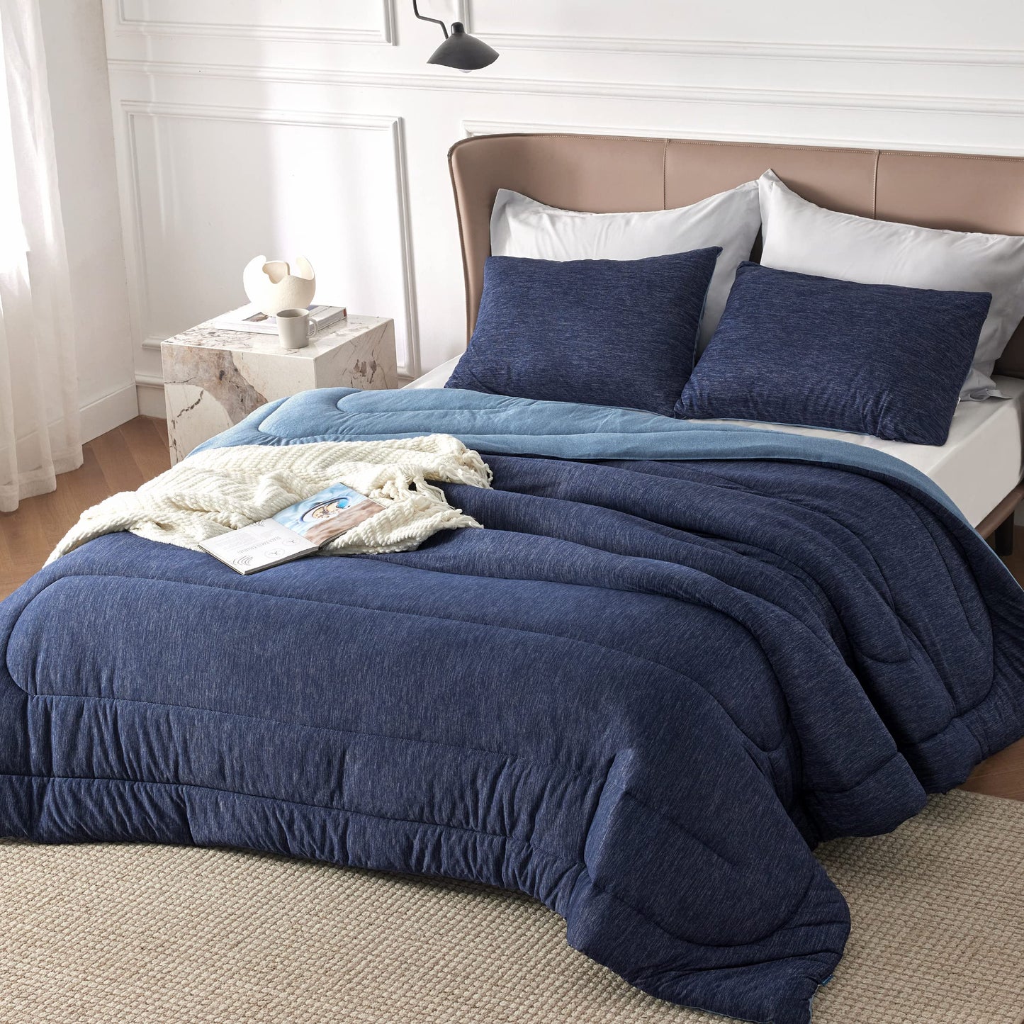 Bedsure Queen Comforter Set - Cooling and Warm Bed Set, Navy Blue Reversible Bedding for All Season, 3 Pieces, 1 Queen Size Comforter (88"x88") and 2 Pillow Cases(20"x26")