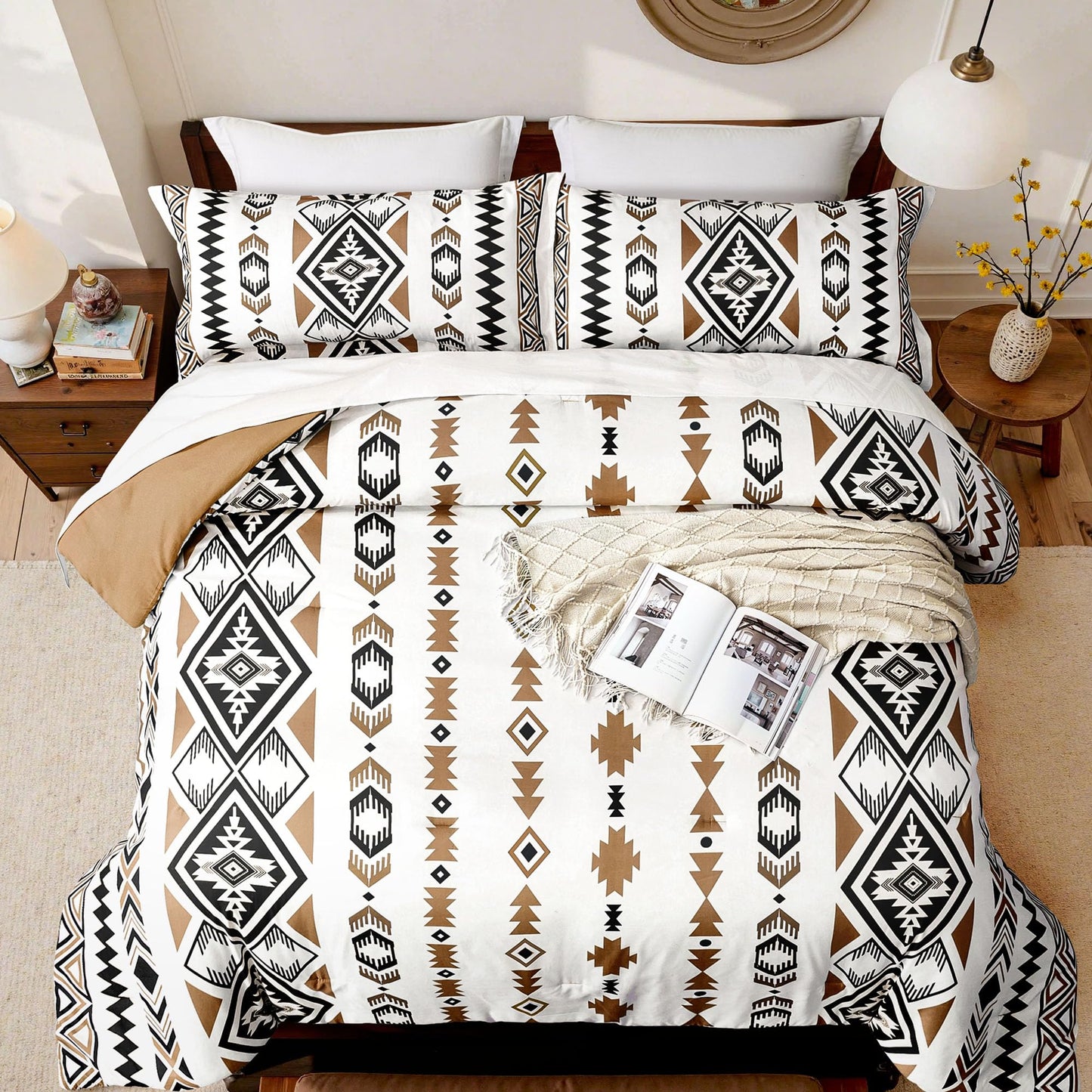Tyrot King Comforter Set – 3 Piece Brown Boho Aztec Bedding, Western Southwestern Style Comforter Sets, Soft Lightweight Comforter for All Seasons, 1 Comforter & 2 Pillow Shams