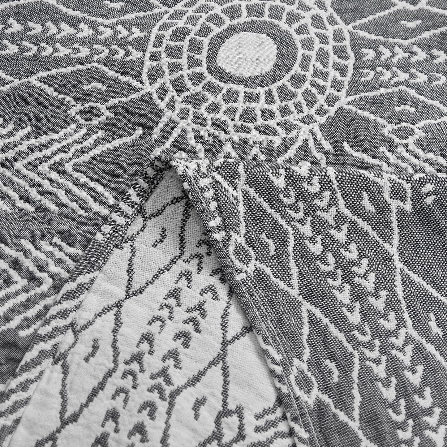 jinchan Boho 100% Cotton Muslin Blanket 3-Layer Queen Size 80x90 Inches Geometric Grey Lightweight Reversible Soft Cozy Comfy Throw for Couch Sofa Bed Large Coverlet Quilt Blanket Bedroom All Seasons