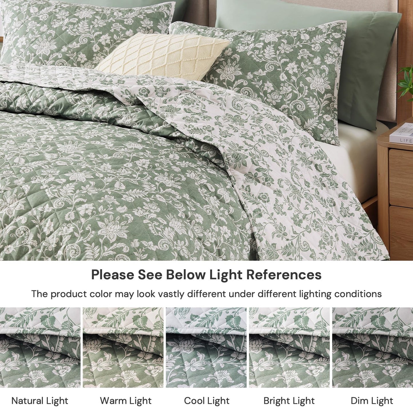 BLOOMHAVEN Quilt Set Queen Size, Green Floral Quilt Sets, Reversible Bedspread Lightweight and Breathable for All Seasons, Soft Quilted Bedspread with 2 Pillow Shams