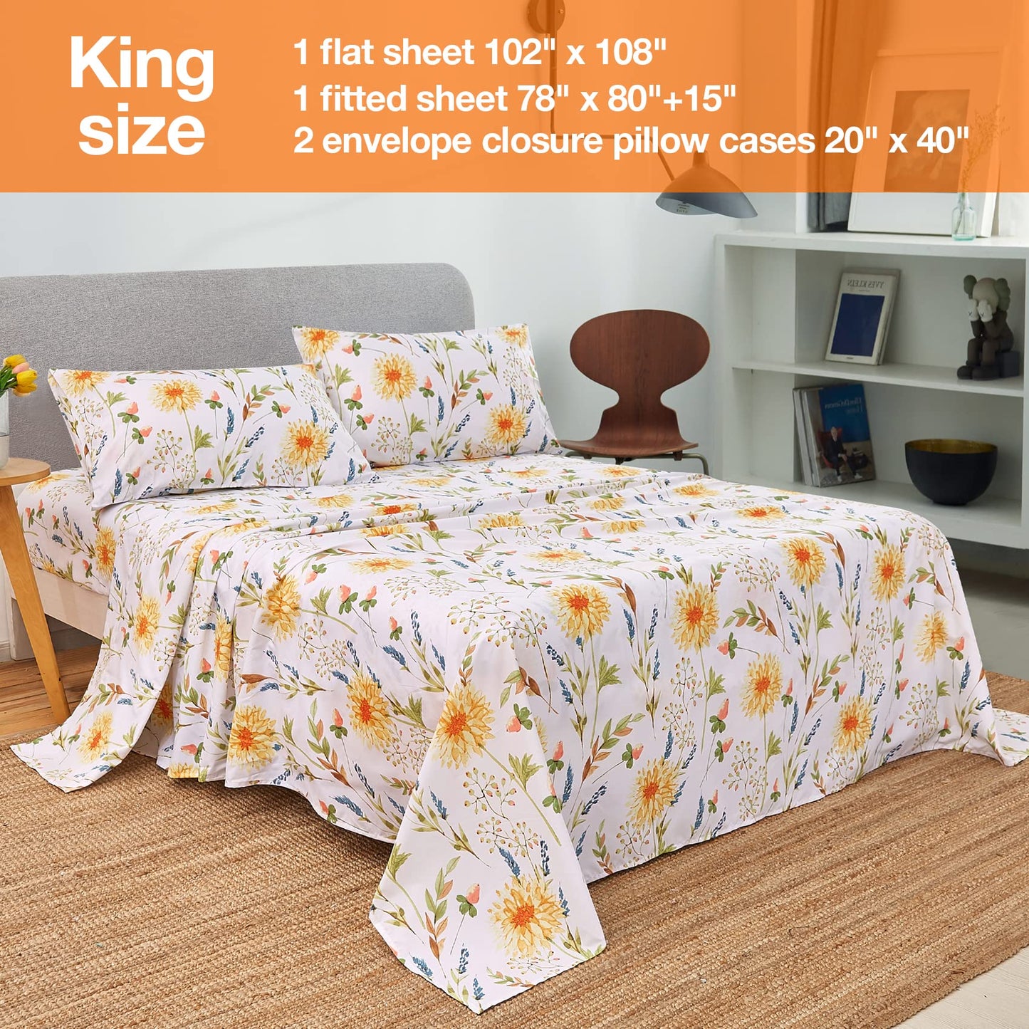 JSD Yellow Floral Printed Sheet Set King Size, 4 Piece Soft Botanical Microfiber Bedding Sheets Extra Deep Pocket