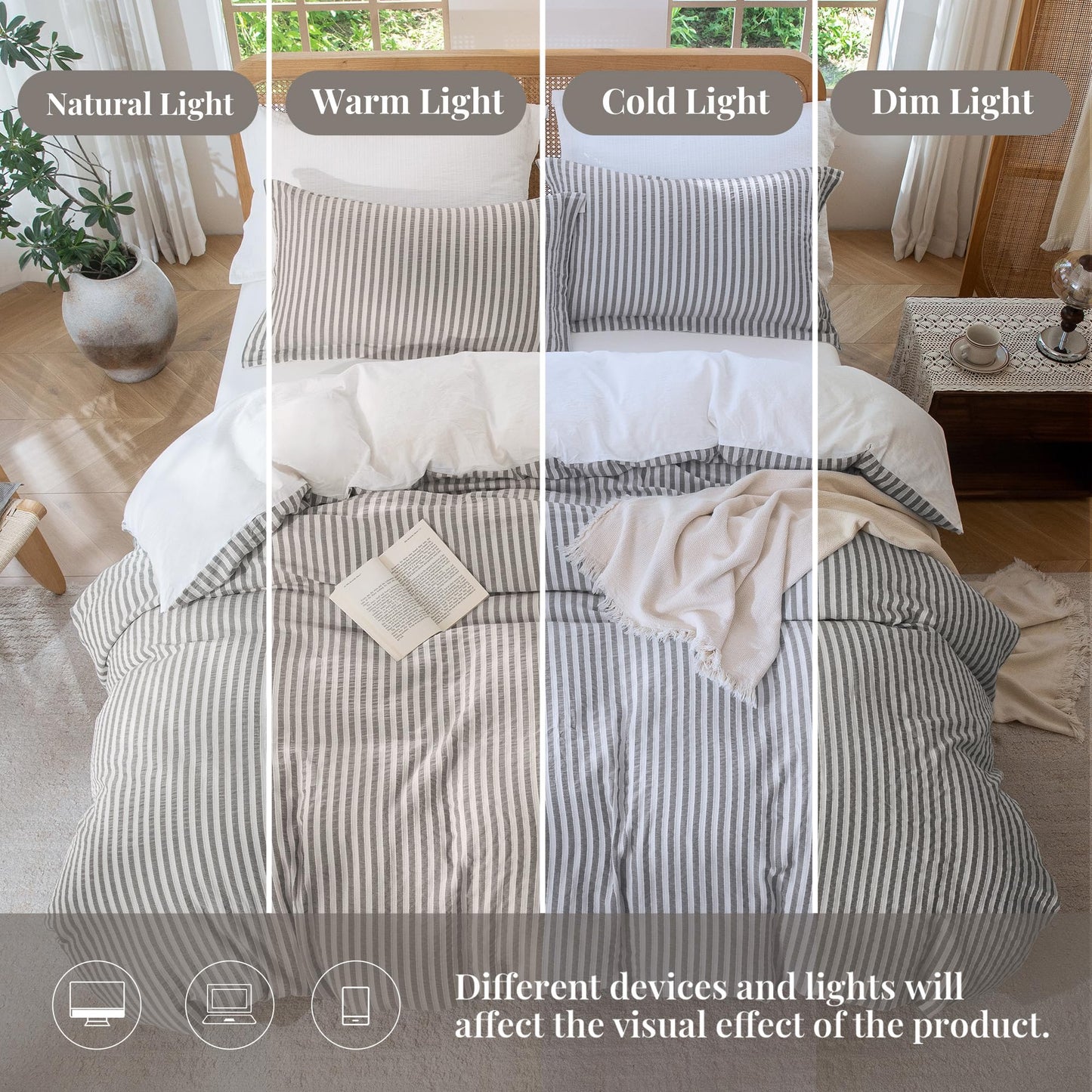 MILDLY Striped Duvet Cover - 100% Washed Cotton Textured Comforter Cover Set 3pcs with Dual Zipper Closure & 8 Corner Ties Soft & Lightweight for All Season 90"x90"