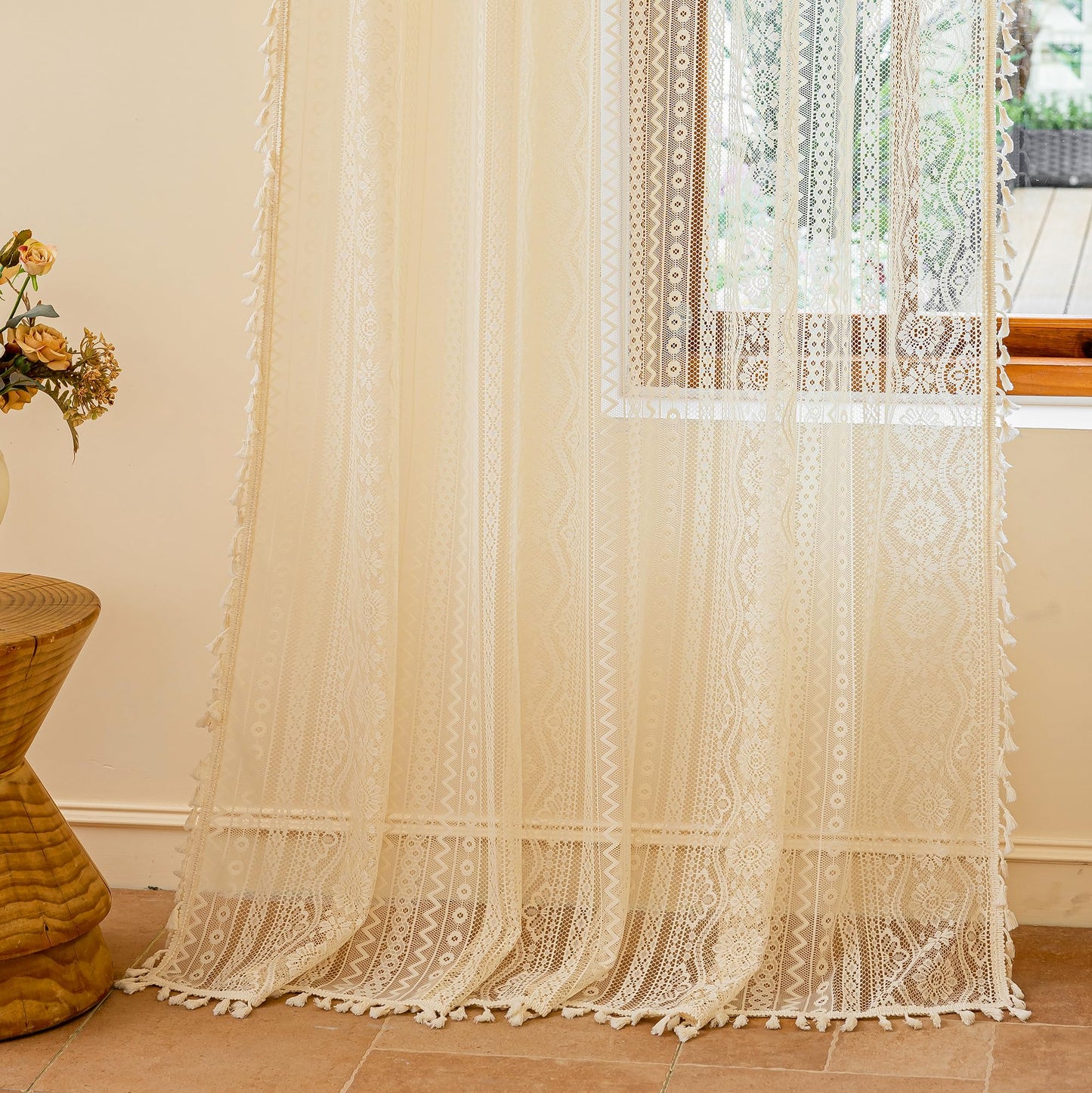 MYSKY HOME Beige Boho Lace Sheer Curtains with Tassels 84 Inch Length 2 Panels Vintage Floral Bohemian Pattern French Rustic Crochet Geometry Striped Rod Pocket Drapes for Living Room Bedroom, 55" W