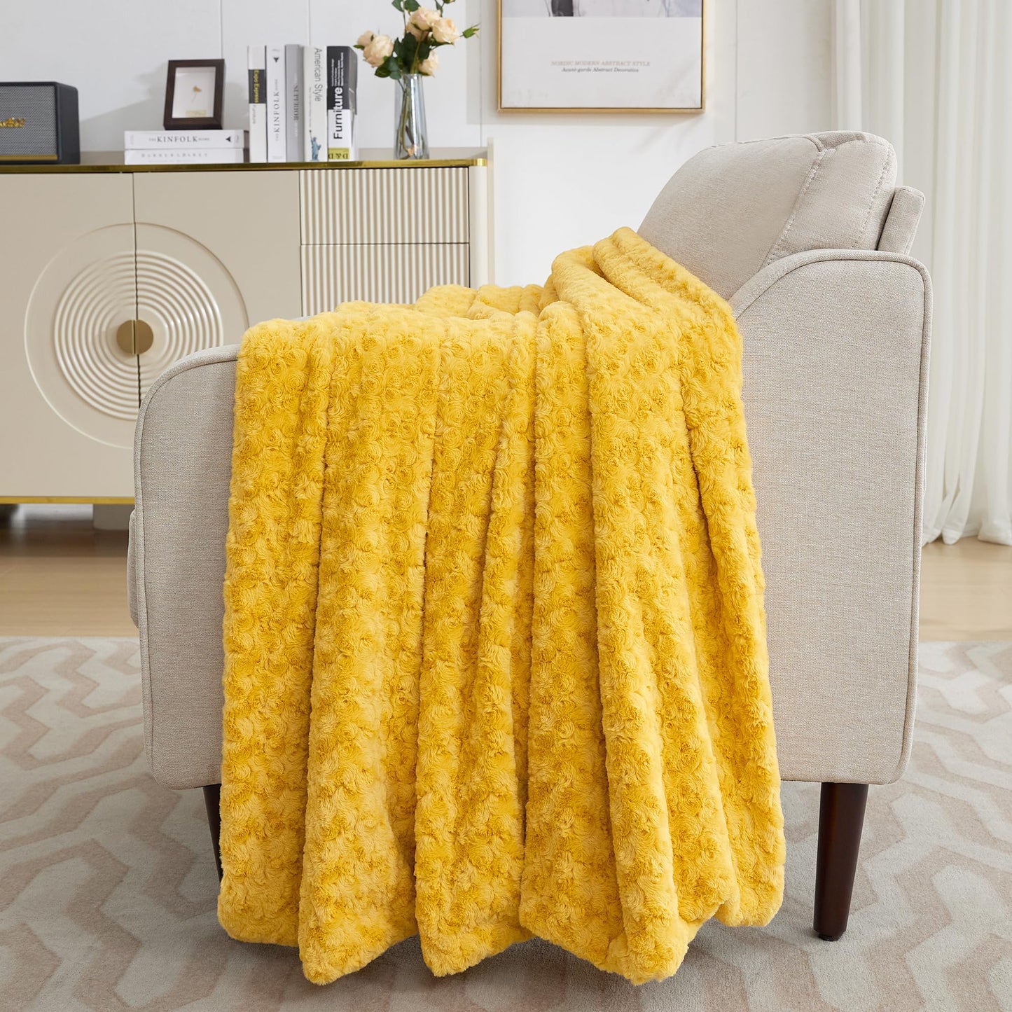 VFROO Double-Sided Faux Fur Throw Blanket, Fuzzy Soft Plush Thick Warm Fluffy Shaggy Fuzzy Blanket for Couch, Sofa, Bedroom, Luxury Blanket Valentines Day Gifts for Her, Yellow, 50"x60"