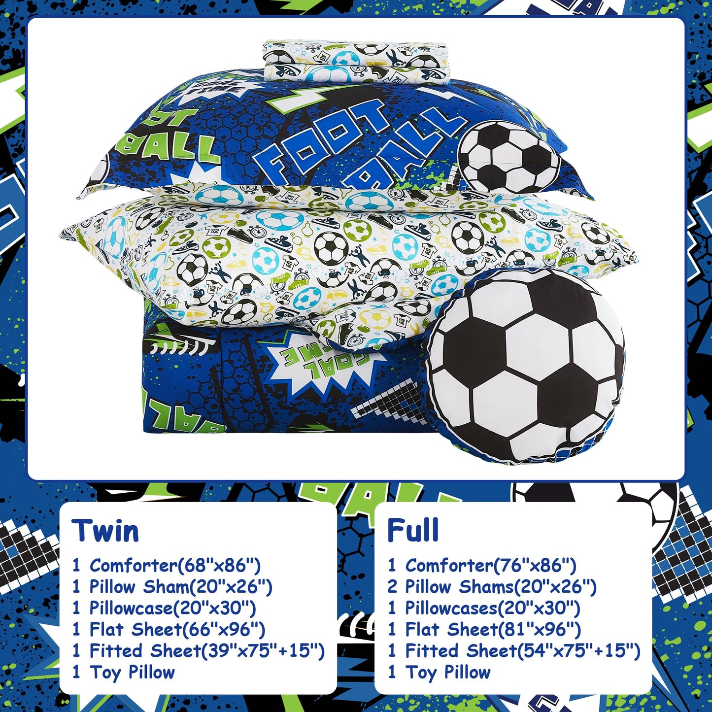 Mooreeke Kids Twin Comforter Sets for Boys 6 Pieces Cool Football Bedding Set for Teens Microfiber Blue Green Soccer Kids Bed in A Bag with Comforter, Sheet Set, Shams and Decorative Toy Pillow