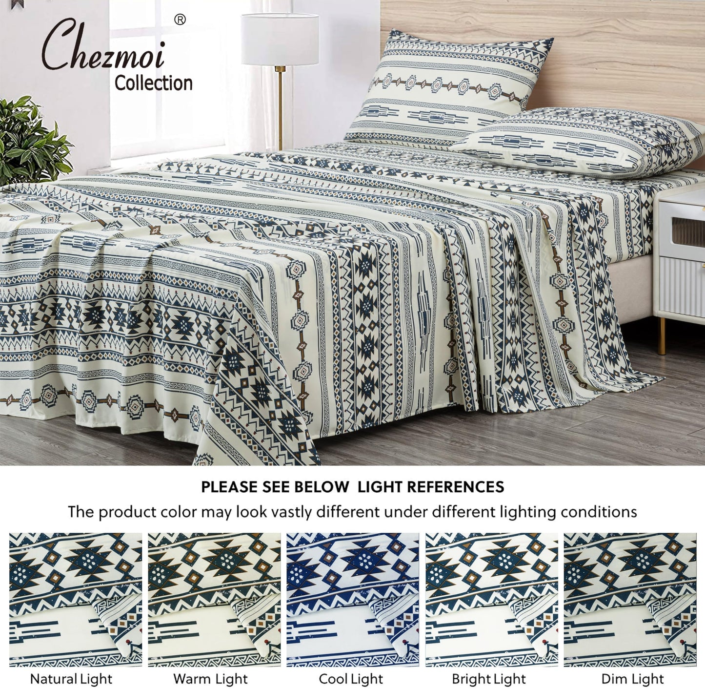 Chezmoi Collection 4-Piece Southwestern Tribal Lodge Bed Sheet Set, Queen Size - Ivory Navy Brown Red Printed Microfiber Soft Breathable Deep Pocket Sheets and Pillowcases Set