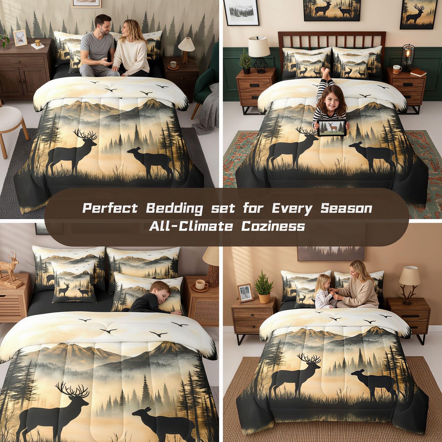 jejeloiu Western Rustic Cute Deer Cabin Comforter Set Queen with Sheets for Kids Boys Girls Hunting 7 Pieces Bedding Set Country Farmhouse Bed in a Bag Foggy Mountain Room Decor