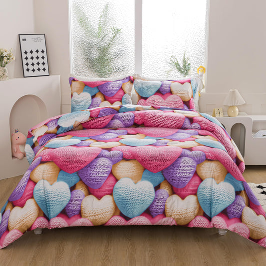 Caressma Heart Print Comforter Set Twin, Stereoscopic 5D Lovely Romantic Comforter Sets for Teens Girls and Boys, Colorful Cute Heart Pattern Bedding Comforter Set for All Seasons with Pillowshams