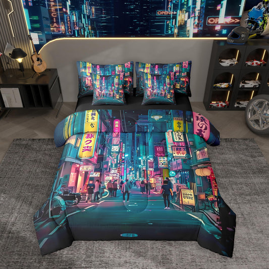 Feelyou Japanese Art Comforter Set 7 Pieces Full Size Tokyo Anime Bedding Set for Boys Girls Japan Night City Bed in a Bag with Comforter, Sheets, Pillowcases & Cushion Covers