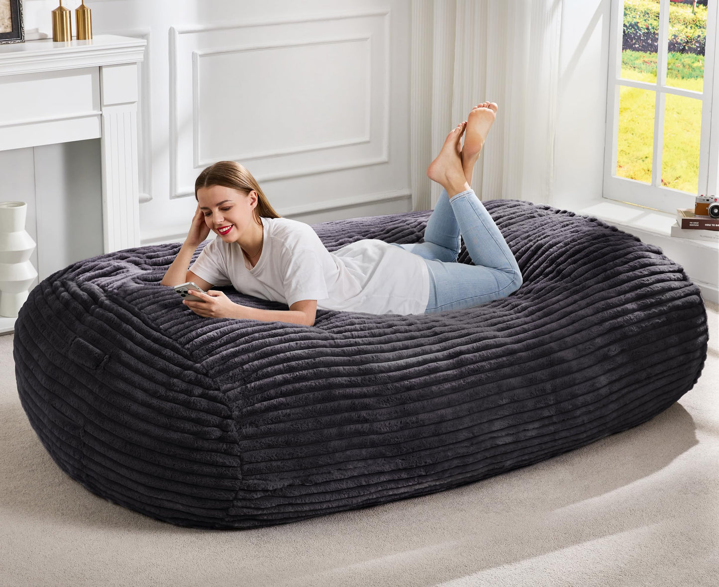 Hobestluk 6FT Bean Bag Chairs Adult Bean Bag with Portable Handle Comfy Large Bean Bag Lounge Chair with Removable Cover for Living Room Bedroom (Stripe Dark Grey, 6FT)