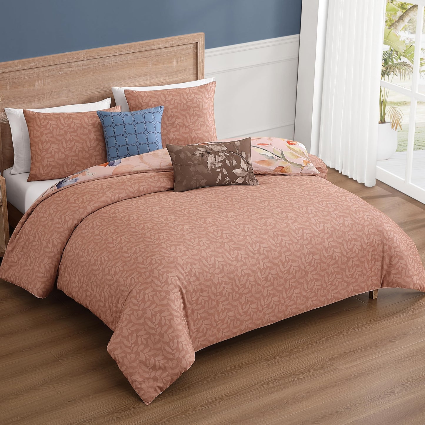 Bebejan Peachy Dogwood 5 Piece Comforter Set, 100% Cotton Sateen, 220 Thread Count, Pink Reversible Bedding Comforter Set, 1 Comforter, 2 Shams & 2 Pillows (King/Cal King)
