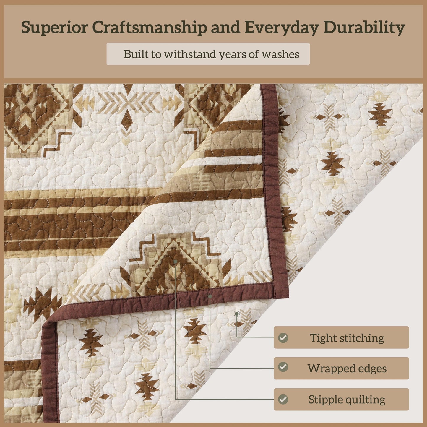 Paseo Road Dakota Queen Quilt Set, 3 Piece Rustic Western Bedding Set with Pillow Sham, Lightweight Reversible Cotton Quilt with Southwestern Aztec Pattern, Soft Breathable Cozy Boho Bedding