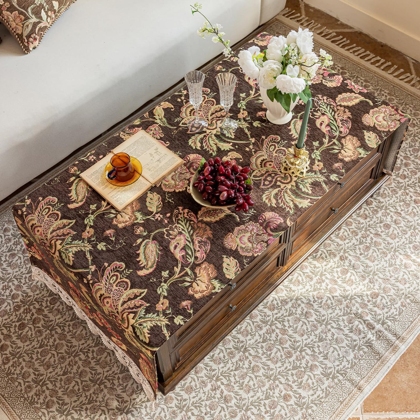 KEEMIR French Country Coffee Table Cover - Hand Embroidered Tropical Floral Chenille Non-Slip Rectangle Table Cloth for Living Room(Palmera Brown,63" L x 23.7" W)