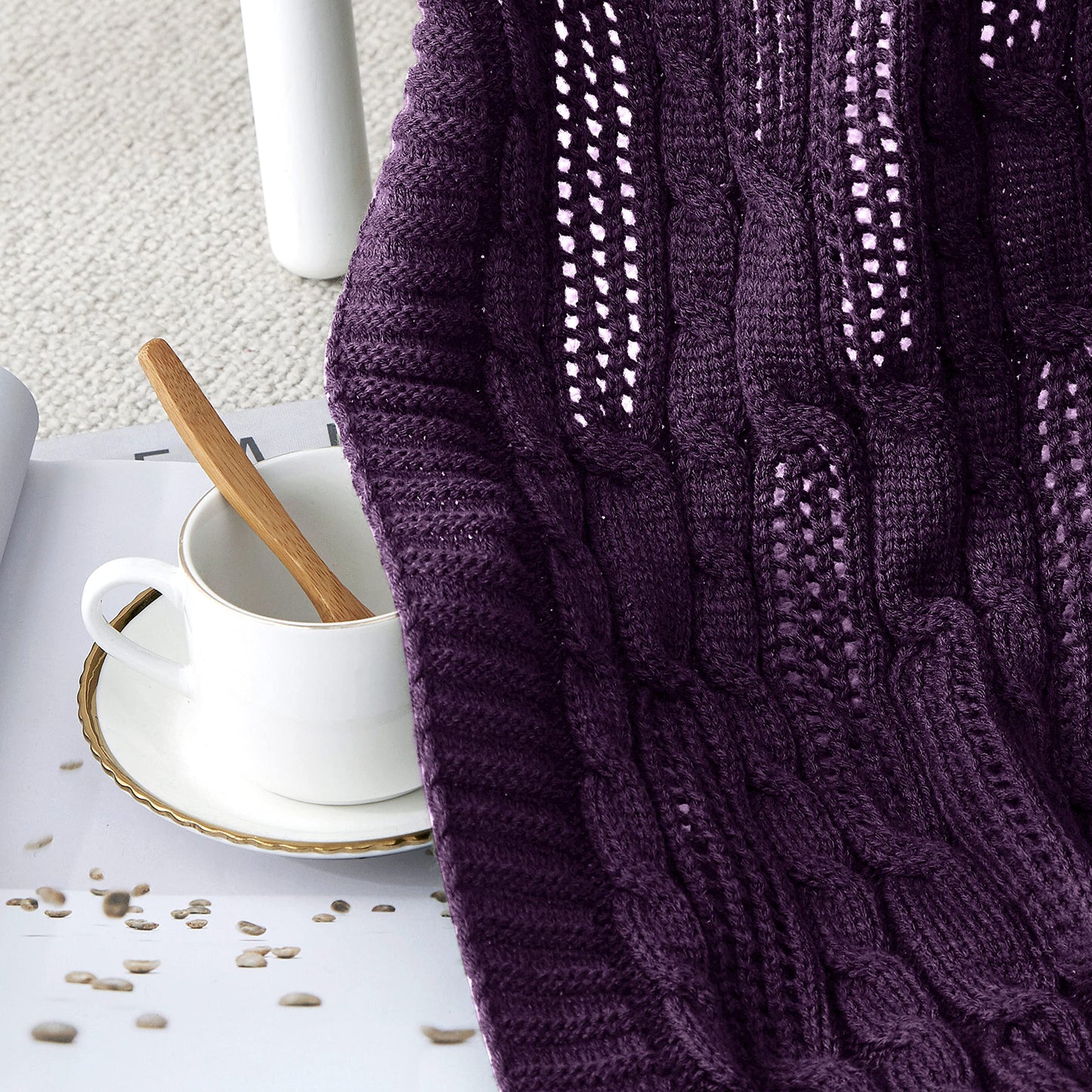 Aormenzy Cable Knit Throw Blankets 50 x 60 Inches, Soft Cozy and Lightweight Knitted Blanket, Machine Washable Acrylic Blanket, Decorative Throw Blanket for Couch Sofa Bed, Dark Purple