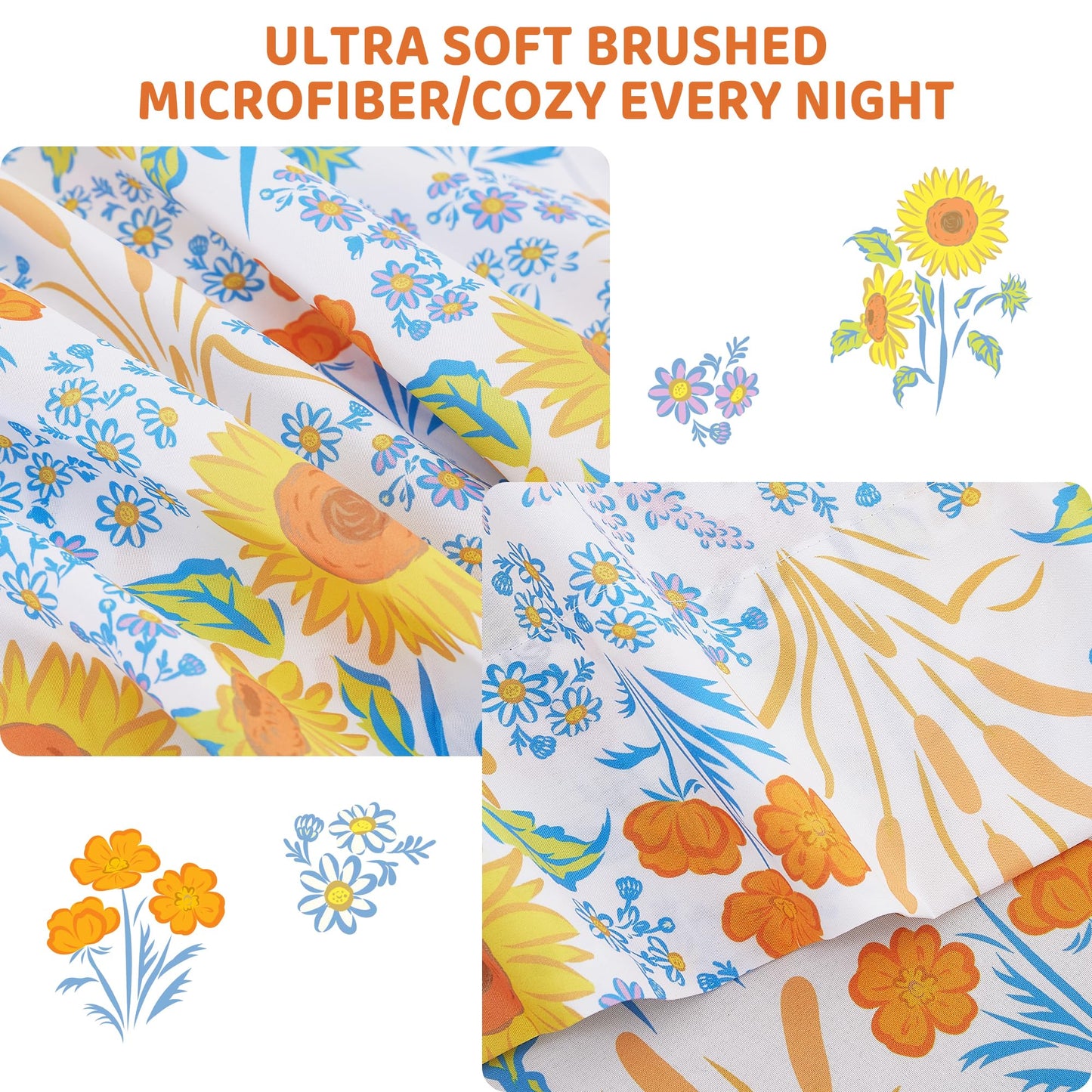 Viviland 3 Pieces Girls Floral Spring Twin Sheet Set - Soft Microfiber Fitted Flat Sheets & Pillowcase Bed Sheet Set - Summer Sunflower Print Bedding Sets for Kids