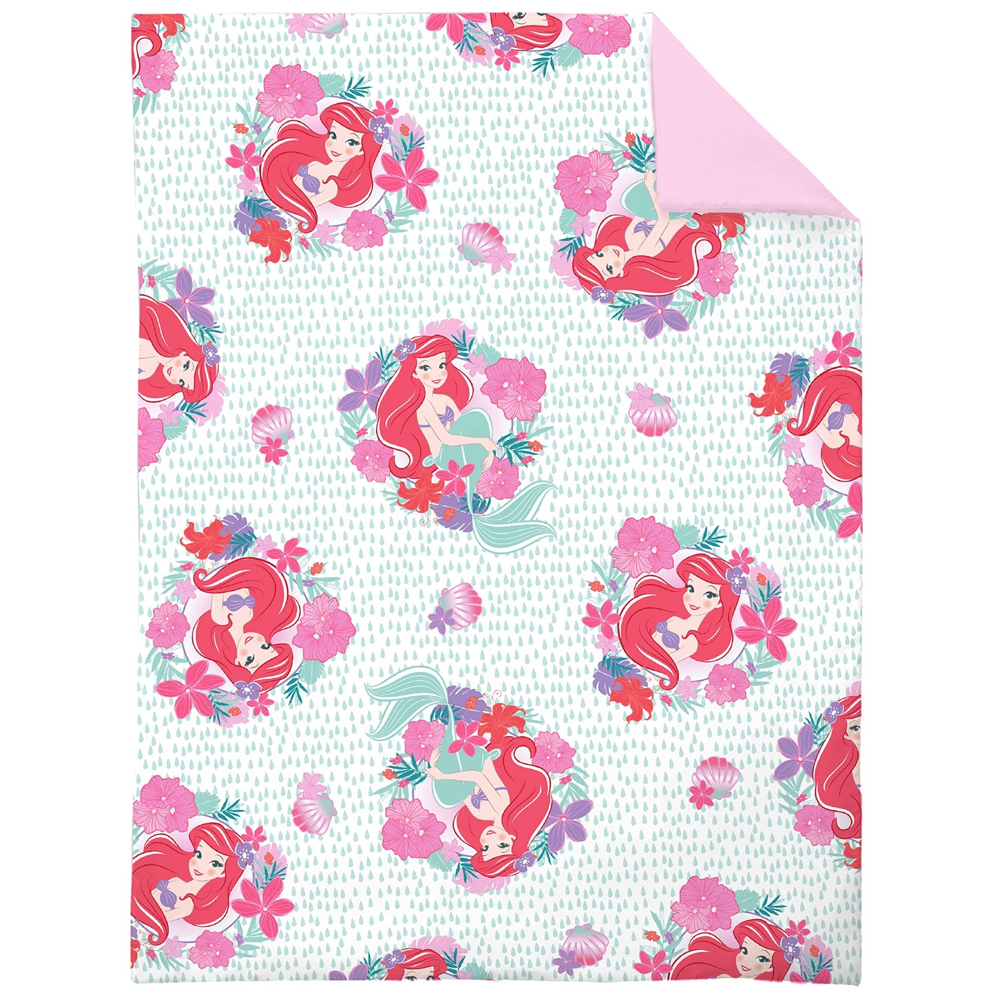 Disney Ariel Sea Garden 4 Piece Toddler Bed Set - Comforter, Fitted Sheet, Flat Top Sheet, Reversible Standard Size Pillowcase, Pink and Aqua