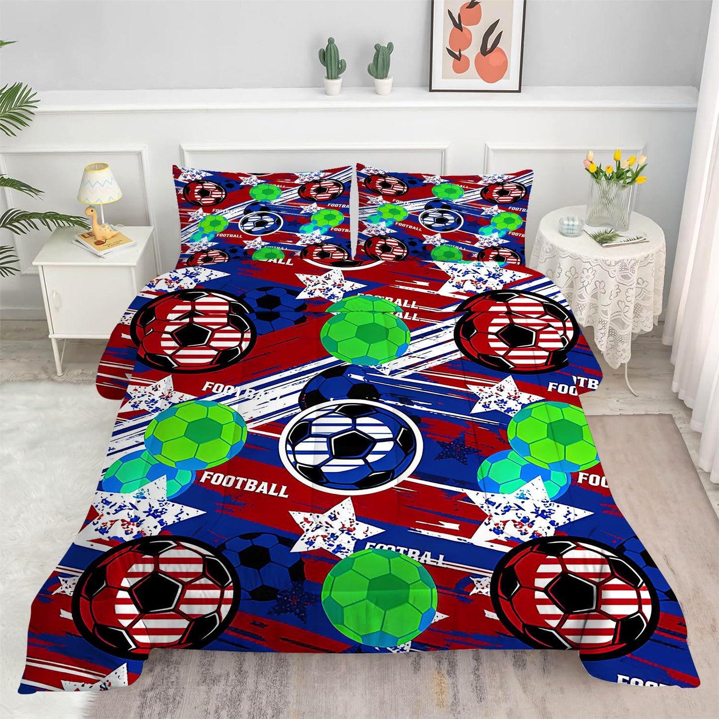 CERYUEE Soccer Comforter Set Football Bedding Set Sports Theme Red Blue Green Quilt Twin Bed Sets for Kids Teen Boys Bedroom Decor 1 Comforter+ 1 Pillowcase