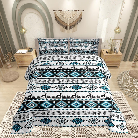 Deer Silhouettes Comforter Set Queen Size ,Aztec Abstract Geometric Print Down Alternative Adults Room Decor,Western Elk Animals Southwest Tribal Ethnic Ultra Soft Microfiber Inner Fill 3Pcs Bedding