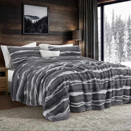 Wonderful 3 Pieces Fluffy Faux Rabbit Fur Comforter Set King Size, Dark Gray Plush Fuzzy Bedding Set, Animal Stripes Design Warm Soft Comforter Bedding Set for All Season,104"x94"