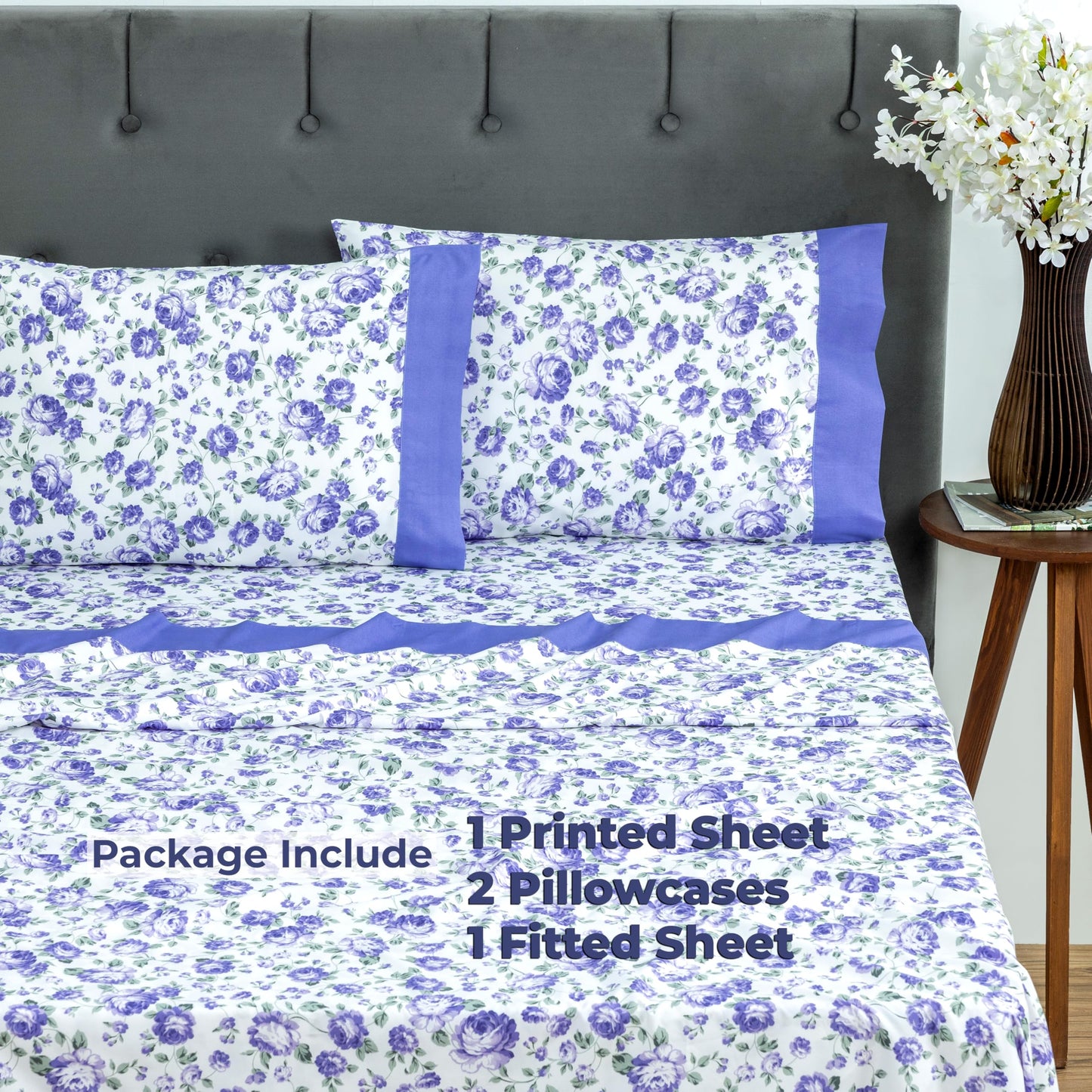 Dreamology Queen Sheet Set,4 Pieces Microfiber Sheet, Printed Sheet Set with Solid Cuffed Detail, Includes 1 Flat Sheet,1 Deep Pocket Fitted Sheet and 2 Pillowcases, Queen Bed Sheets (Purple Blossom)