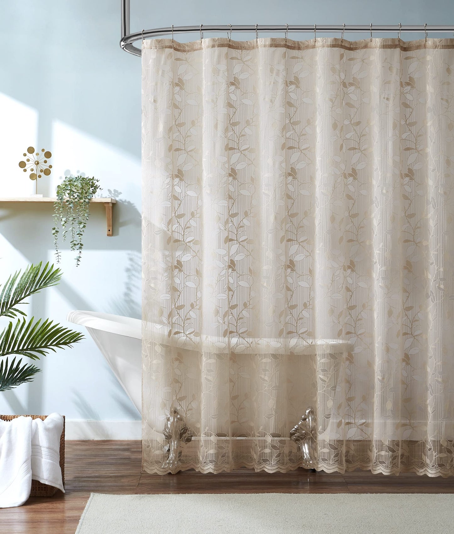 LINENZONE Lace Shower Curtains with Elegant Leaf Design. 72 x 72 Size. Can Be Used As Both Rustic Shower Curtain or Modern Shower Curtain. Bathroom Curtain with Scalloped Bottom. (Grace 72 x 72 Linen)