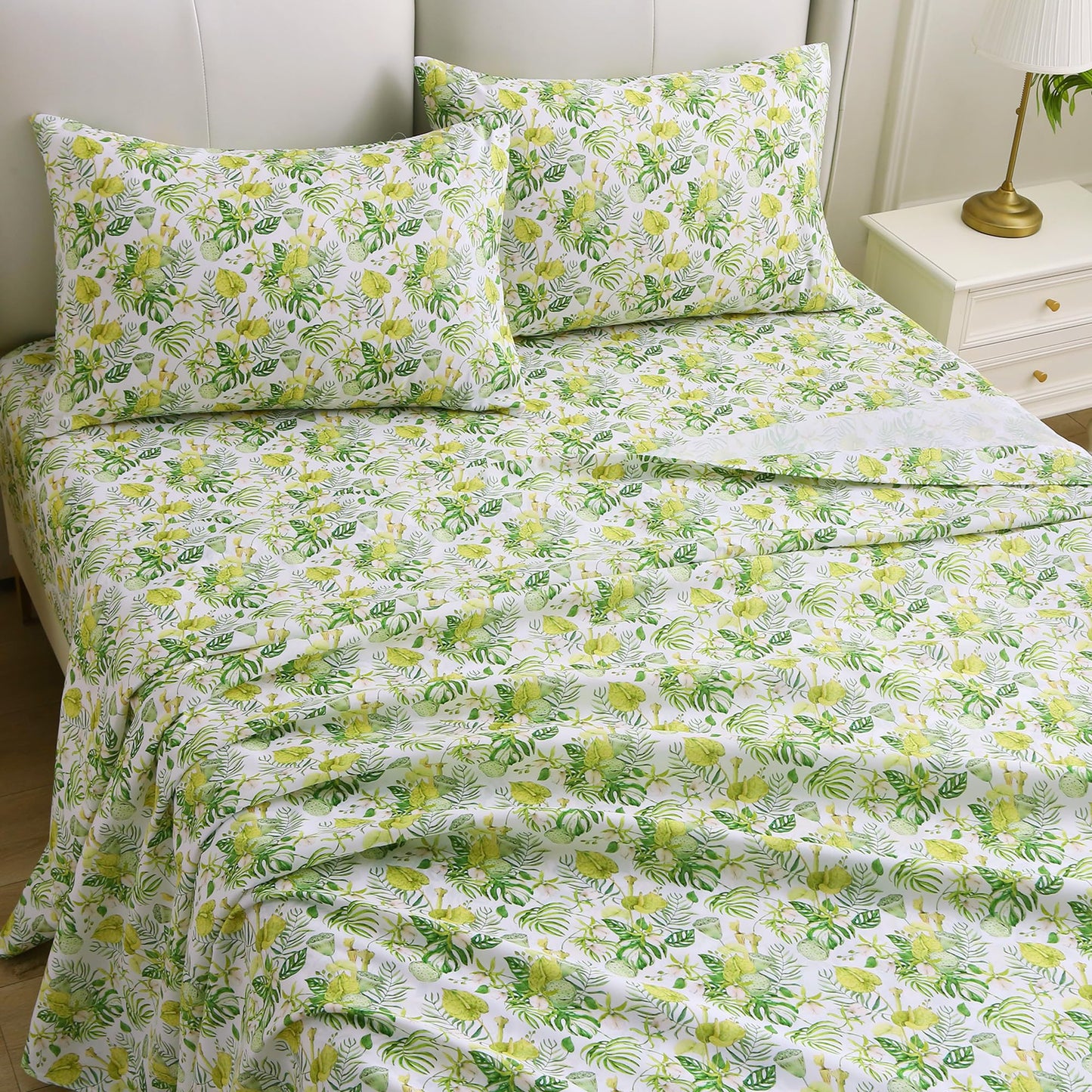 Viviland Floral Twin Sheet Set - 3 Piece Jungle Greenery Botanical Patterned Bed Sheets - Soft, Breathable Microfiber Sheets with Deep Pocket, Non-Slip Fitted Sheets & Pillowcases
