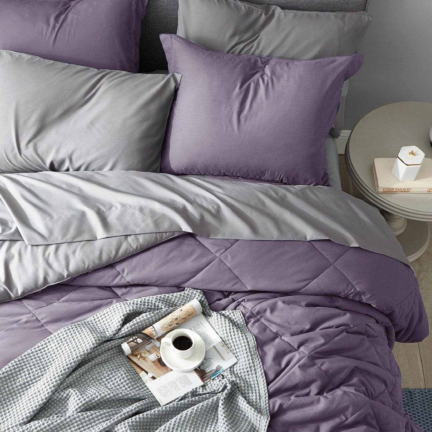 Bedsure Twin XL Comforter - 5 Pieces Reversible Grayish Purple Bed in a Bag, Twin XL Bedding Comforter Set College Dorm Essentials with 1 Flat Sheet, 1 Fitted Sheet, 1 Pillowcase and 1 Pillow Sham