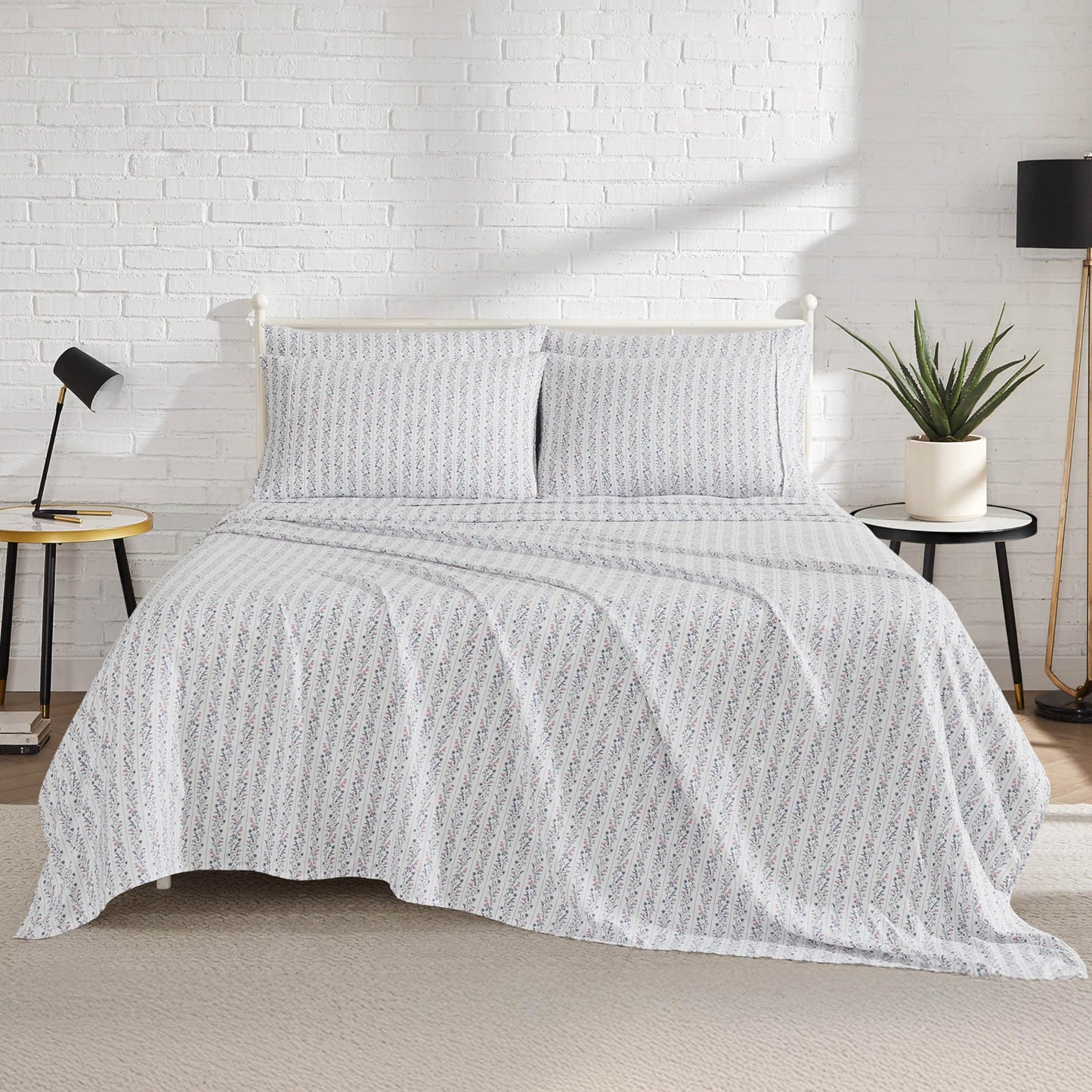 Lucky Brand Printed Microfiber 6-Piece Queen Sheet Set, Floral Stripes Blue