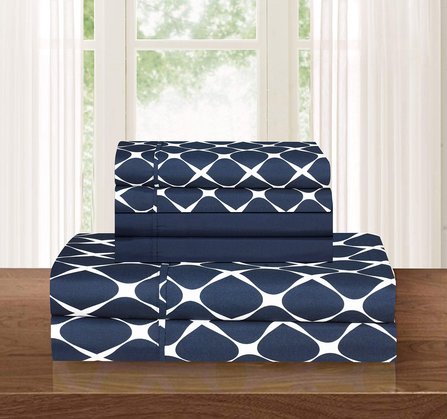 Elegant Comfort Luxury Softest and Coziest 6-Piece Bed Sheet Set, Wrinkle Resistant Milano Trellis Pattern-1500 Thread Count Egyptian Quality Microfiber Bedding Set, Queen, Navy Blue