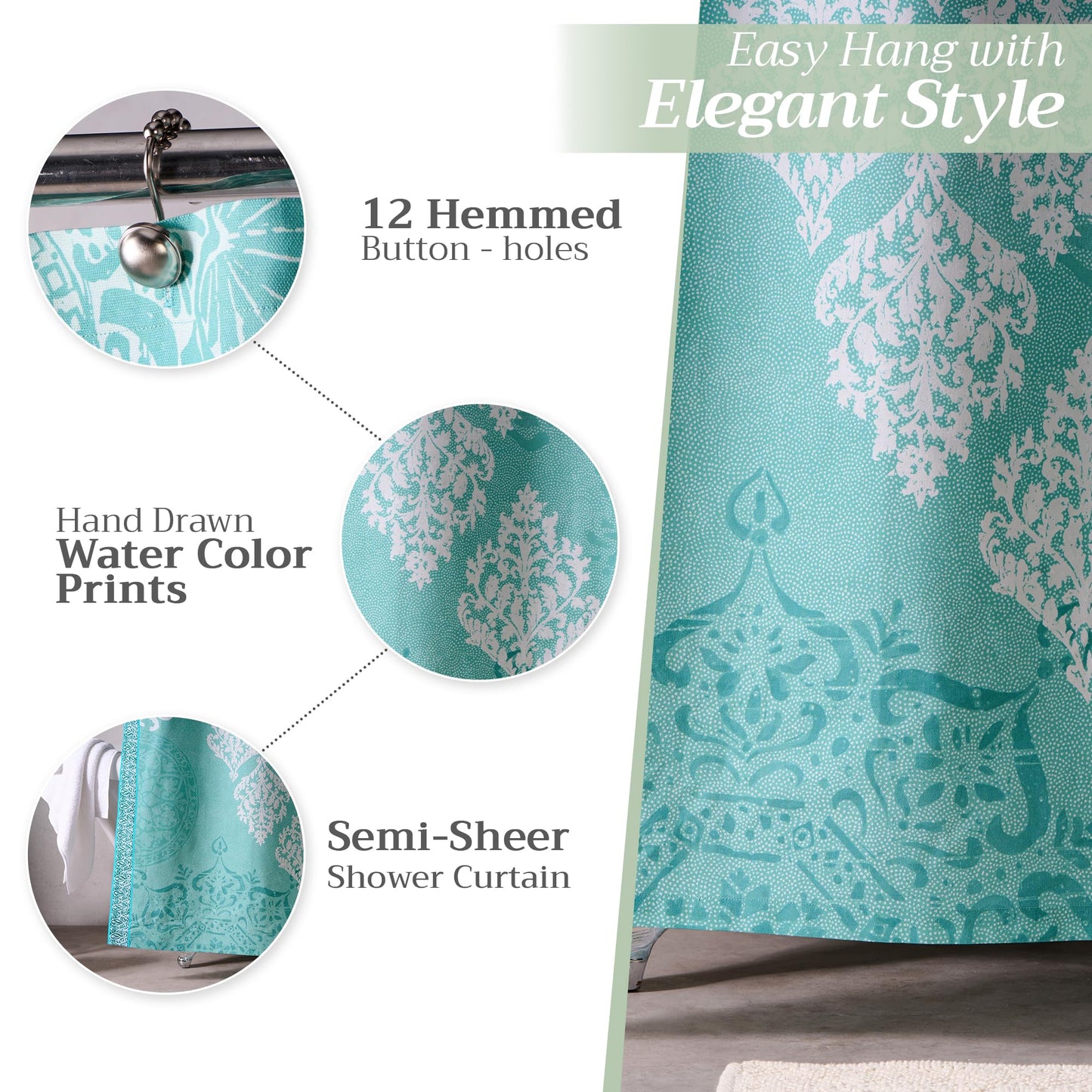 Maison d' Hermine Shower Curtain 100% Cotton One Panel 70"x72" Washable Fabric Shower Curtains for Bathroom, Easy Hanging with 12 Button Holes - Home Spa Spring Summer - Versailles - Turquoise
