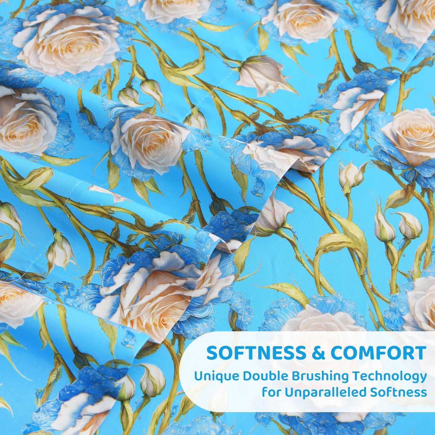 Mooreeke Cozy Floral Microfiber Printed Twin Sheet Set - Soft & Breathable 3D Rose Bed Sheets with Deep Pocket - Non-Slip Fitted Design - Blue White Rose Pattern - Queen
